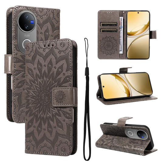 For vivo V50 5G Global Embossed Sunflower Pattern Flip Leather Phone Case(Grey)