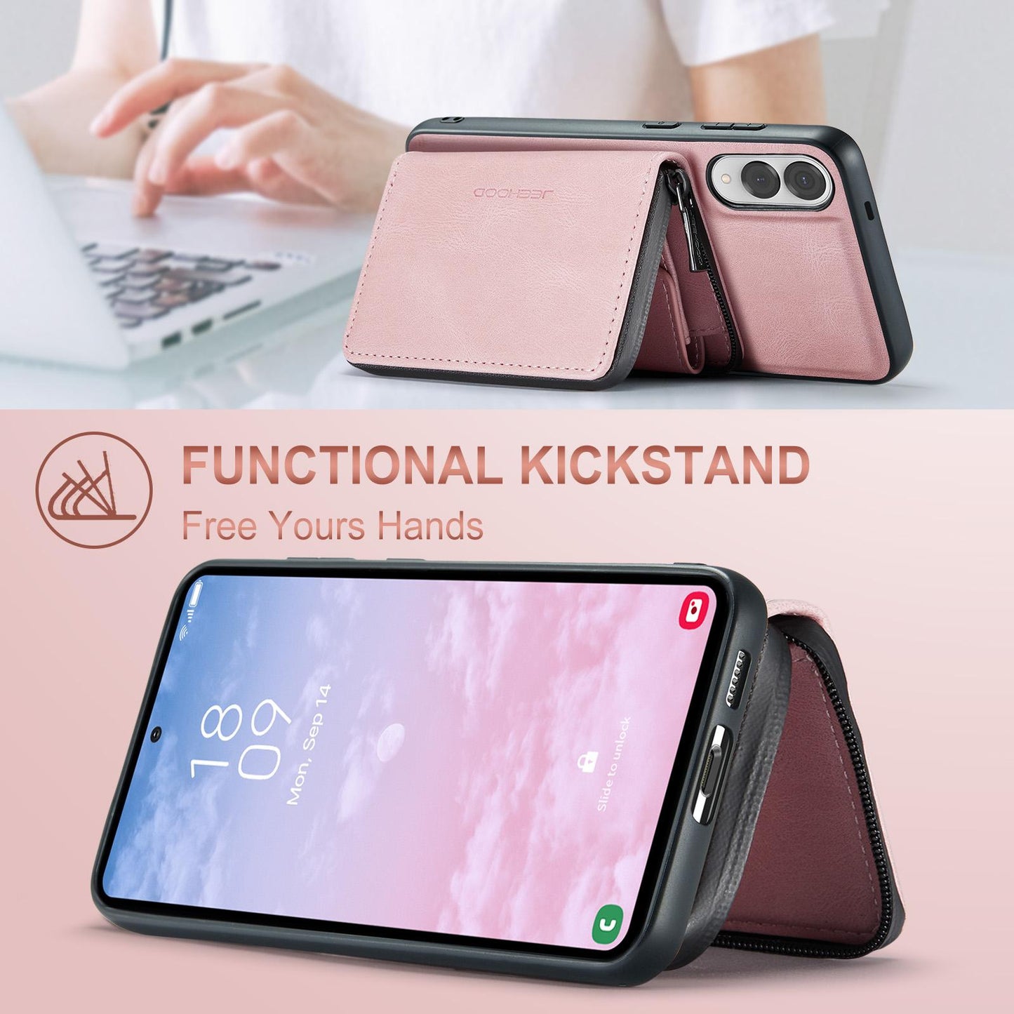 For Samsung Galaxy S25 Edge 5G JEEHOOD J02 Magnetic Zipper Horizontal Flip Leather Phone Case(Pink)