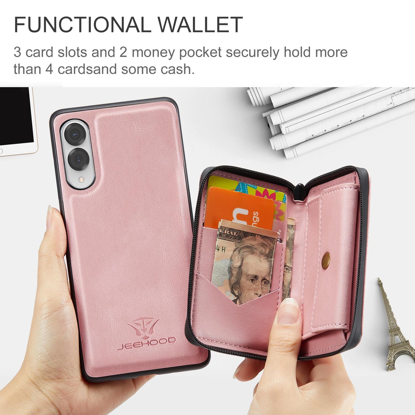 For Samsung Galaxy S25 Edge 5G JEEHOOD J02 Magnetic Zipper Horizontal Flip Leather Phone Case(Pink)