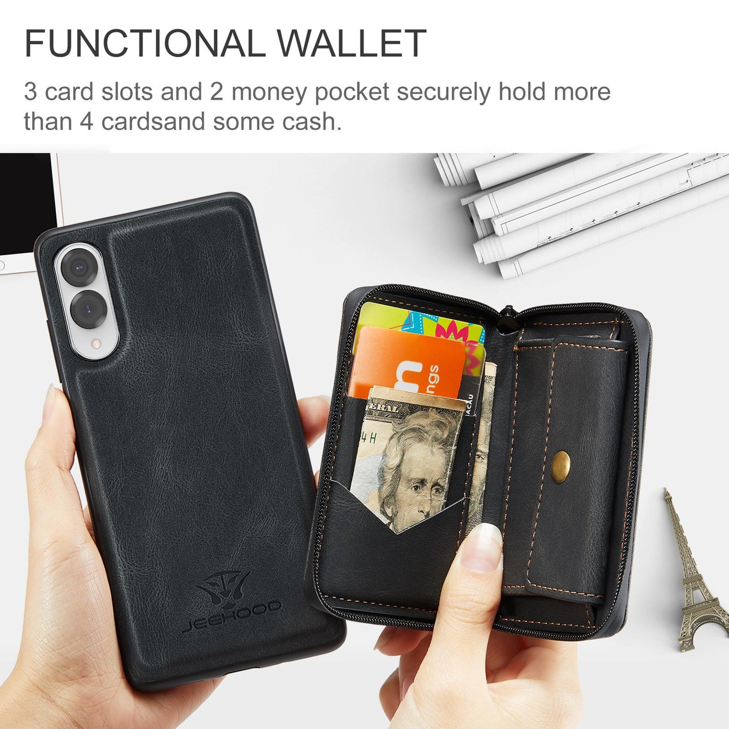 For Samsung Galaxy S25 Edge 5G JEEHOOD J02 Magnetic Zipper Horizontal Flip Leather Phone Case(Black)