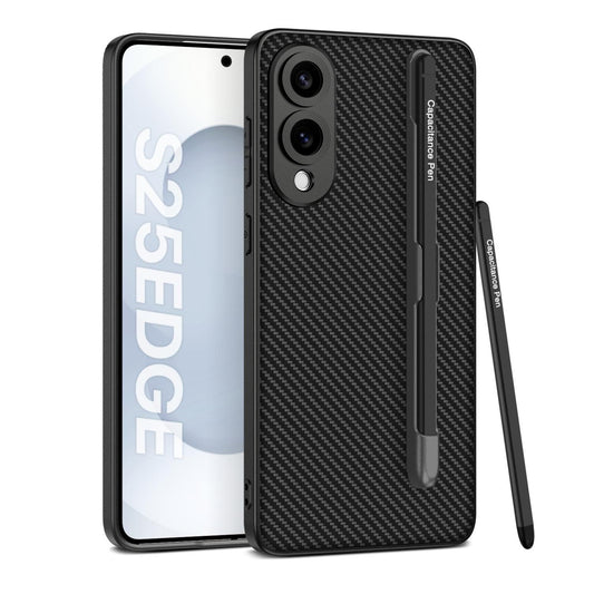 For Samsung Galaxy S25 Edge 5G GKK Metal Paint Skin Feel Leather Phone Case with Pen(Carbon Fiber Black)