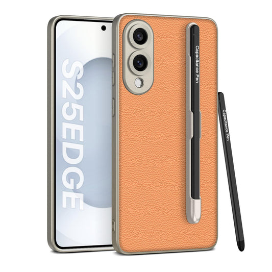 For Samsung Galaxy S25 Edge 5G GKK Metal Paint Skin Feel Leather Phone Case with Pen(Orange)