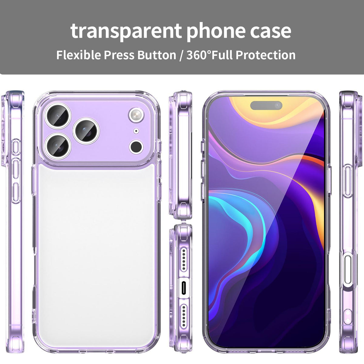 Compatible with iPhone 18 Pro Max PC Dual-Layer TPU Airbag Shockproof Phone Case - Transparent Purple