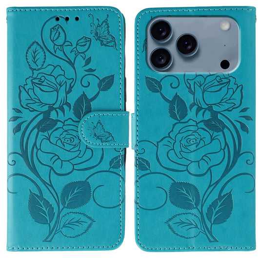 Compatible with iPhone 18 Pro Max & 17 Pro Max Rose Butterfly Embossed Leather Phone Case - Blue
