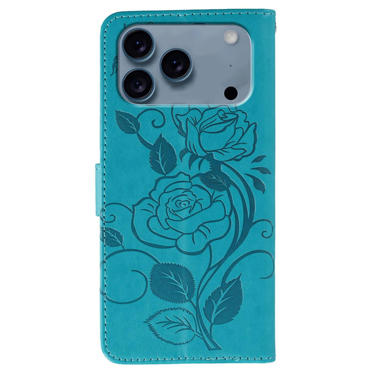 Compatible with iPhone 18 Pro Max & 17 Pro Max Rose Butterfly Embossed Leather Phone Case - Blue