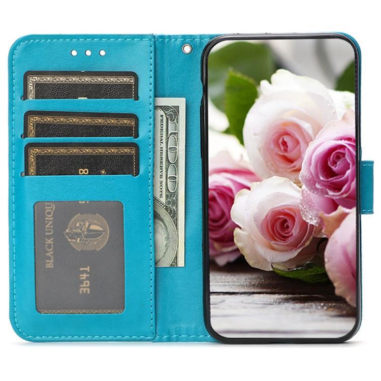 Compatible with iPhone 18 Pro Max & 17 Pro Max Rose Butterfly Embossed Leather Phone Case - Blue