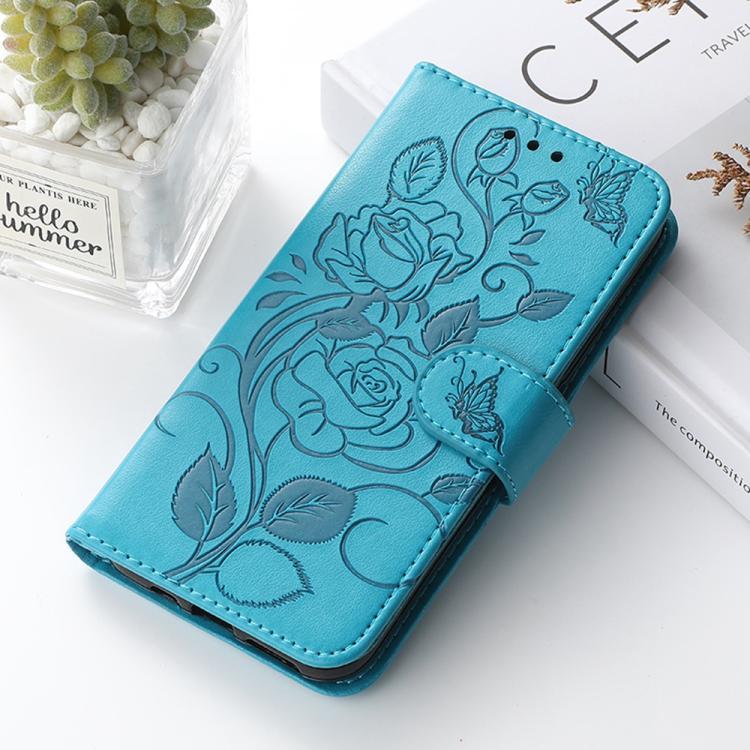 Compatible with iPhone 18 Pro Max & 17 Pro Max Rose Butterfly Embossed Leather Phone Case - Blue