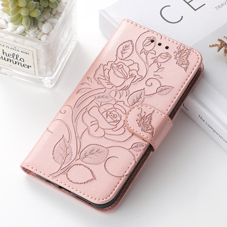 Compatible with iPhone 18 Pro Max & 17 Pro Max Rose Butterfly Embossed Leather Phone Case - Rose Gold
