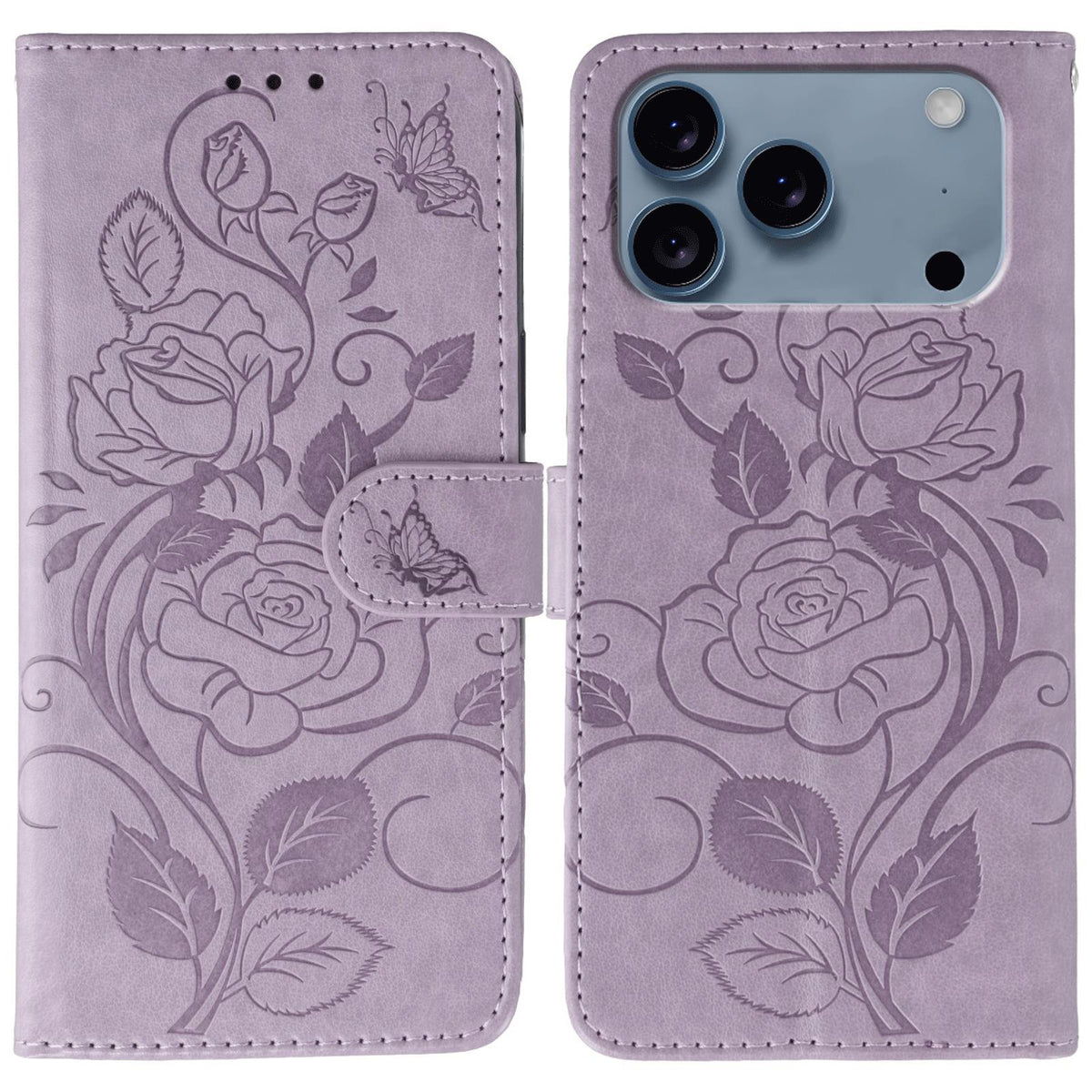 Compatible with iPhone 18 Pro Max & 17 Pro Max Rose Butterfly Embossed Leather Phone Case - Purple