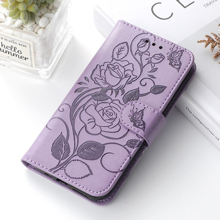 Compatible with iPhone 18 Pro Max & 17 Pro Max Rose Butterfly Embossed Leather Phone Case - Purple
