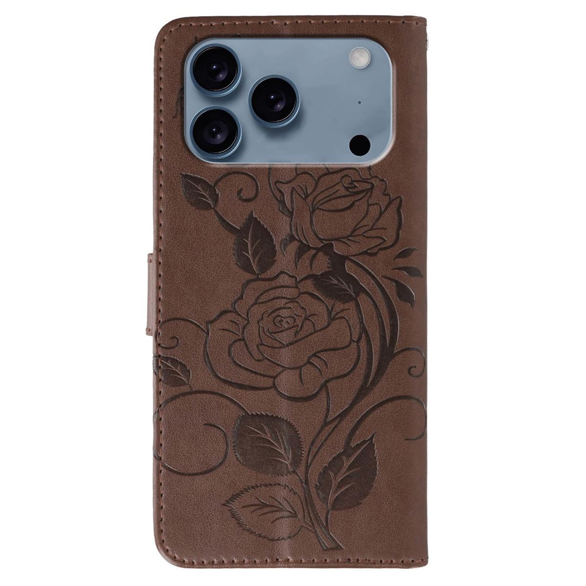 Compatible with iPhone 18 Pro Max & 17 Pro Max Rose Butterfly Embossed Leather Phone Case - Brown
