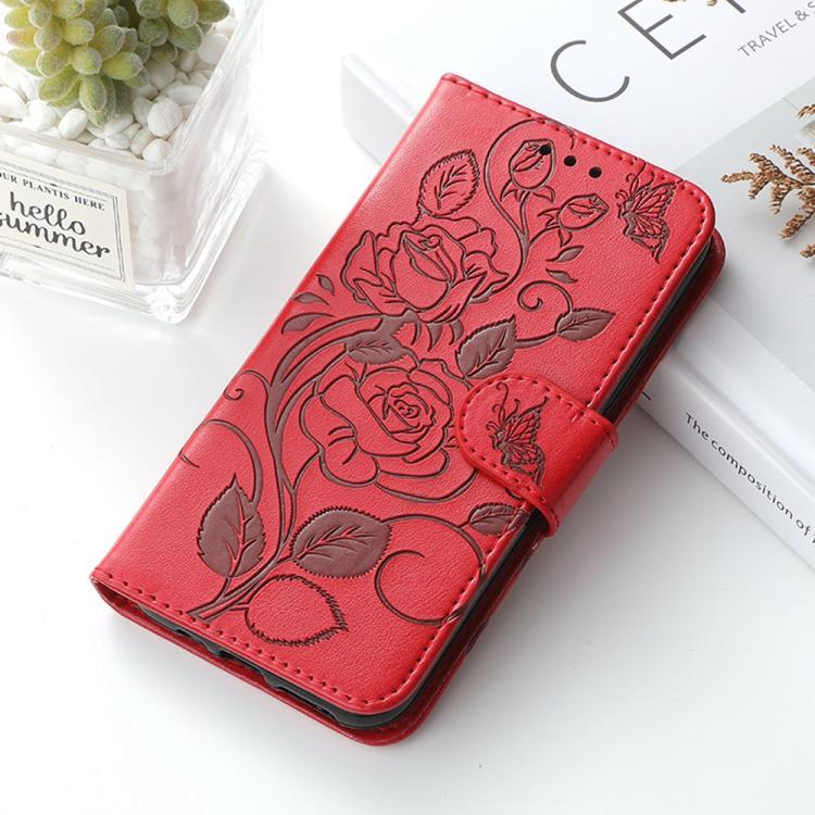 Compatible with iPhone 18 Pro Max & 17 Pro Max Rose Butterfly Embossed Leather Phone Case - Red