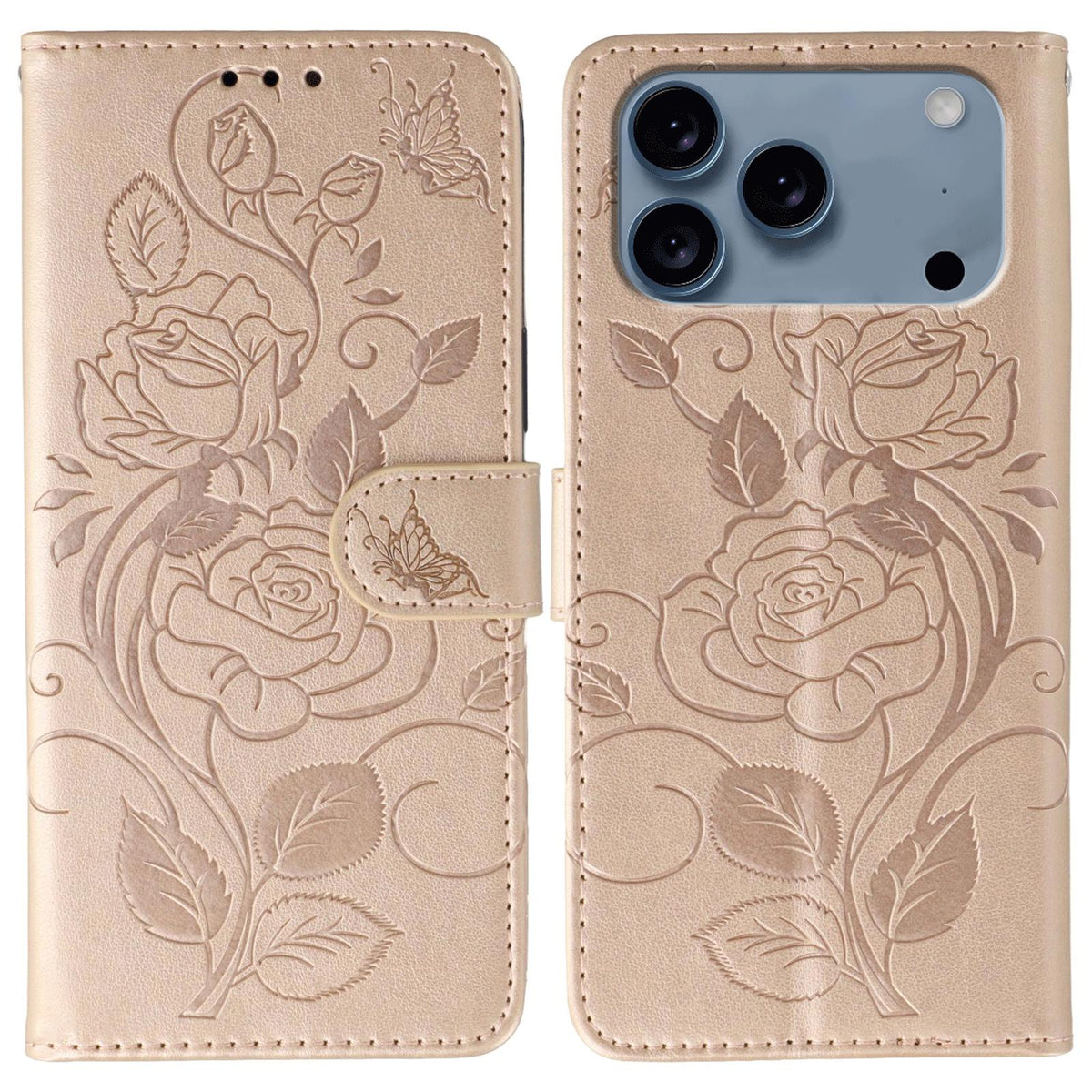 Compatible with iPhone 18 Pro & 17 Pro Rose Butterfly Embossed Leather Phone Case - Rose Gold