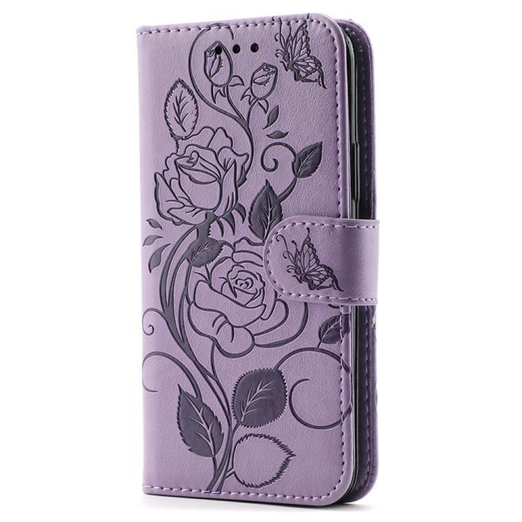 Compatible with iPhone 18 Pro & 17 Pro Rose Butterfly Embossed Leather Phone Case - Purple