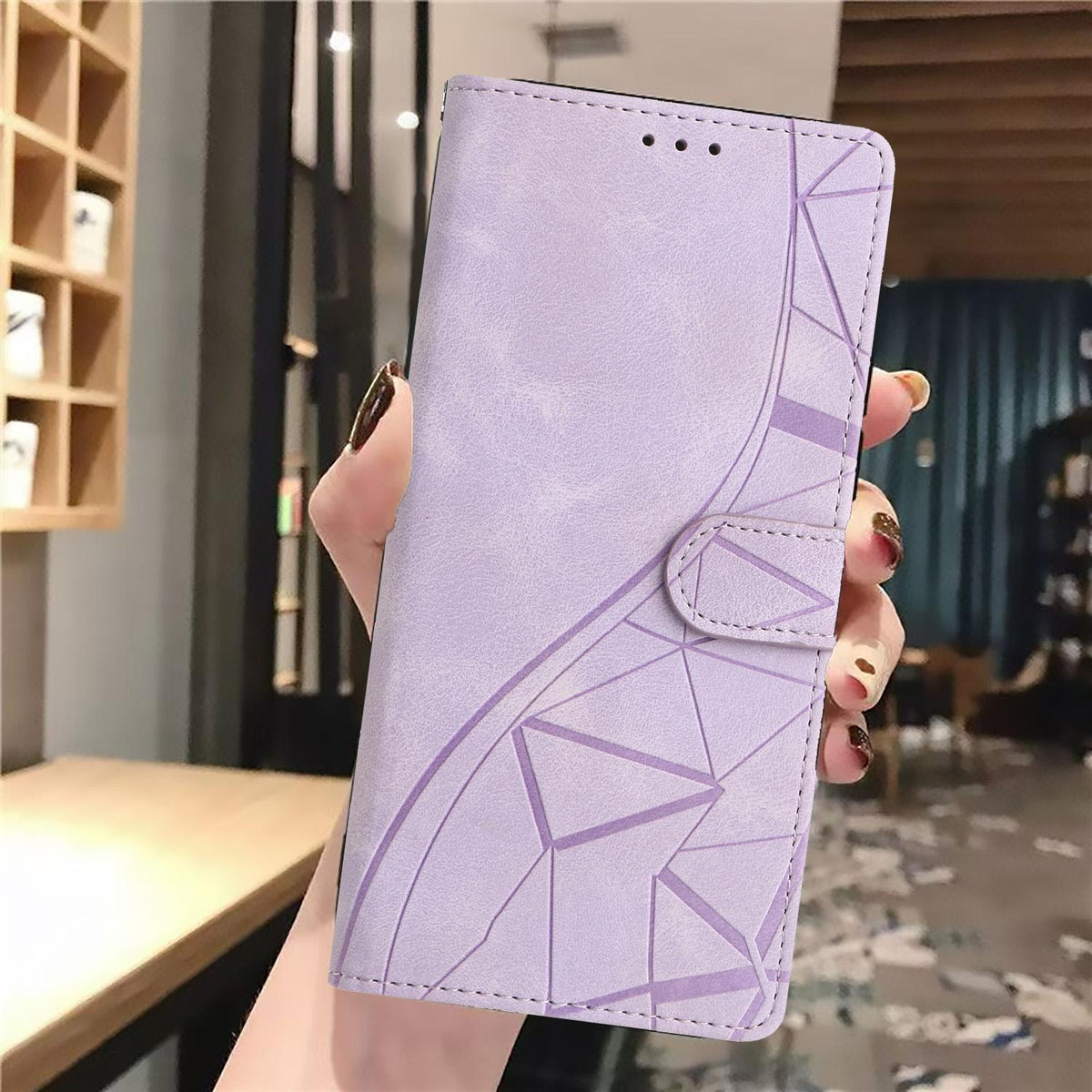Compatible with iPhone 18 Pro Max Triangles Embossed Leather Phone Case - Purple