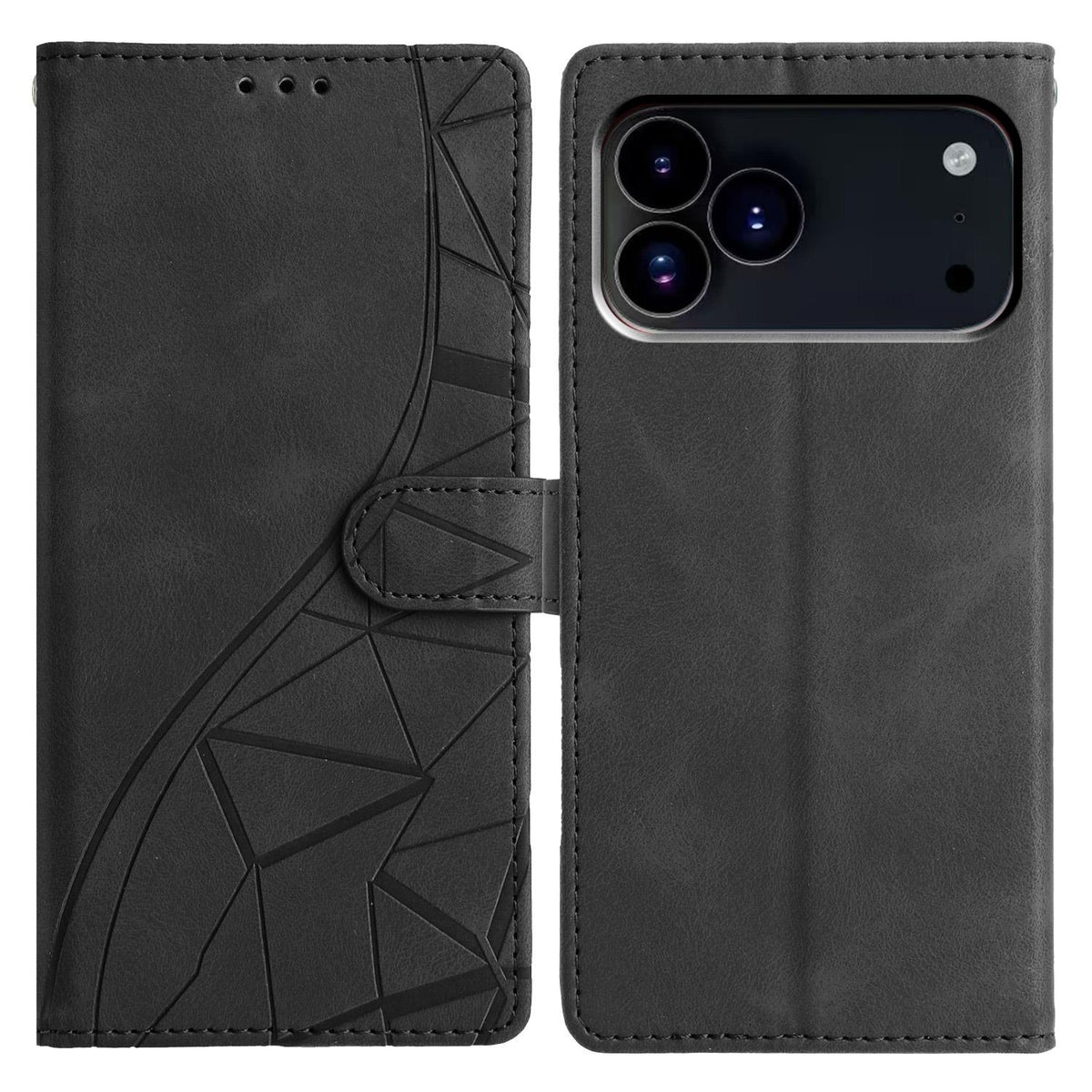 Compatible with iPhone 18 Pro Max Triangles Embossed Leather Phone Case - Black