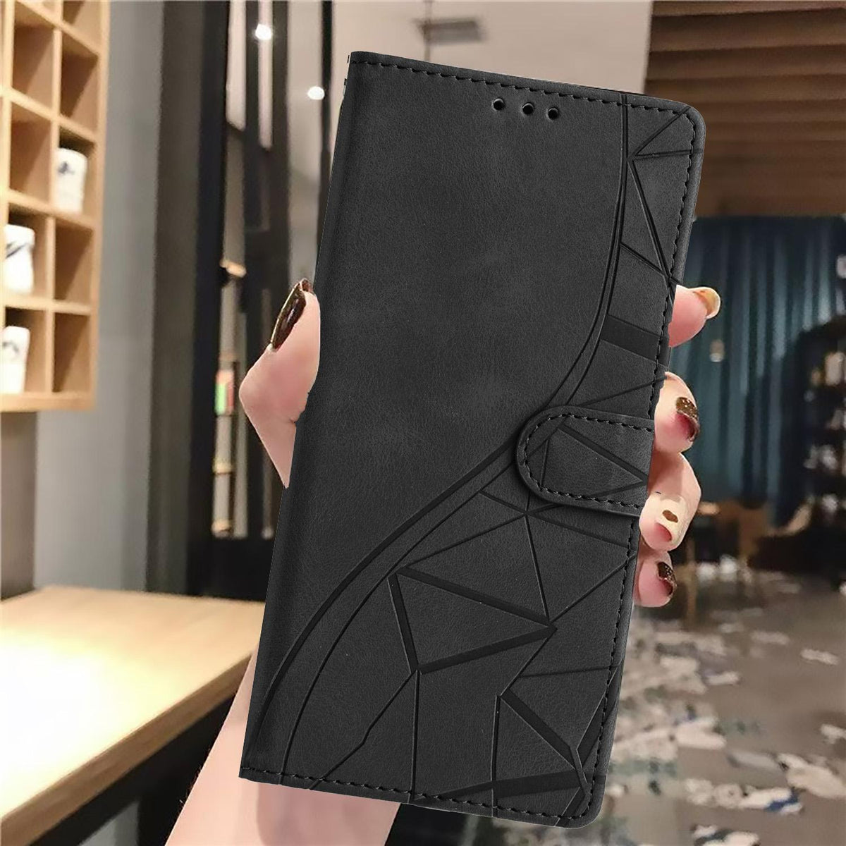 Compatible with iPhone 18 Pro Max Triangles Embossed Leather Phone Case - Black