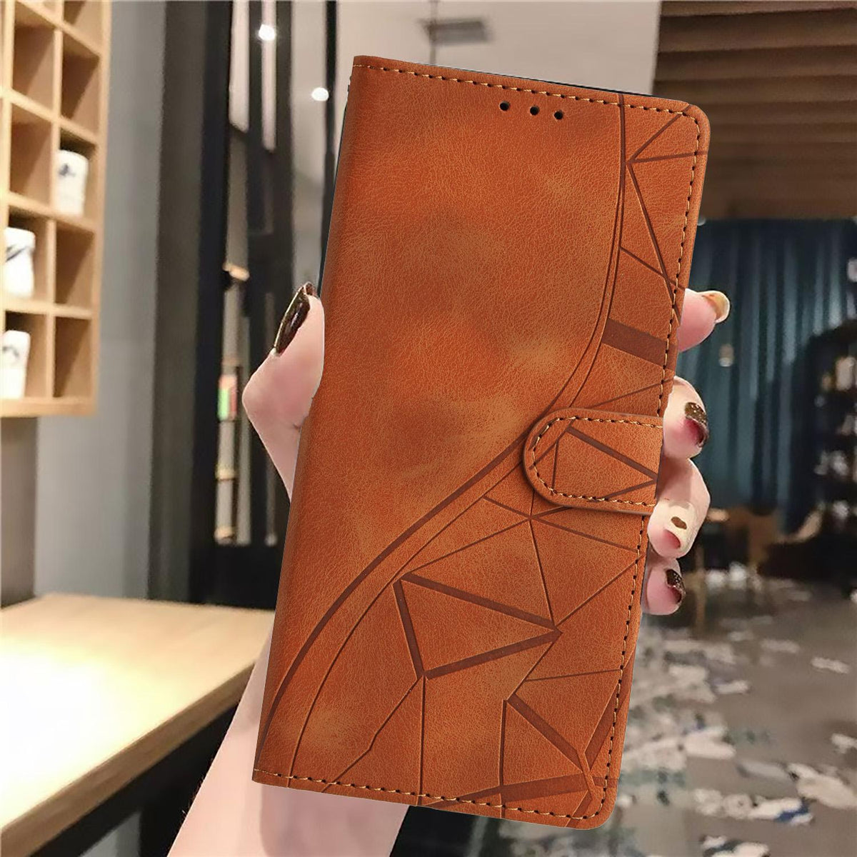Compatible with iPhone 18 Pro Max Triangles Embossed Leather Phone Case - Brown