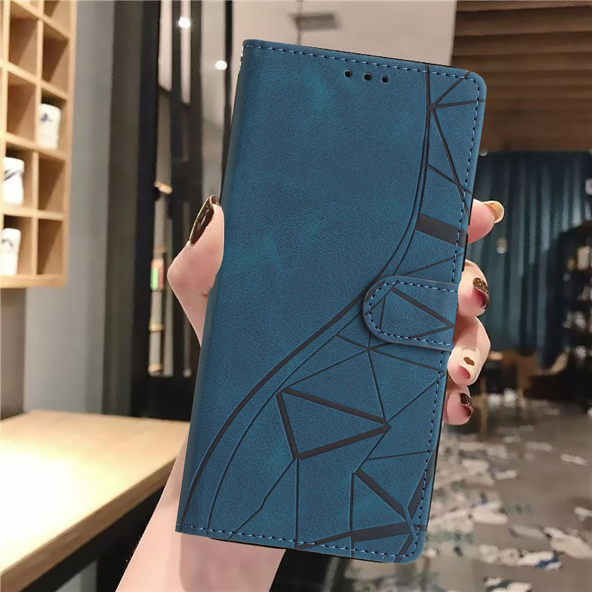 Compatible with iPhone 18 Pro Triangles Embossed Leather Phone Case - Blue