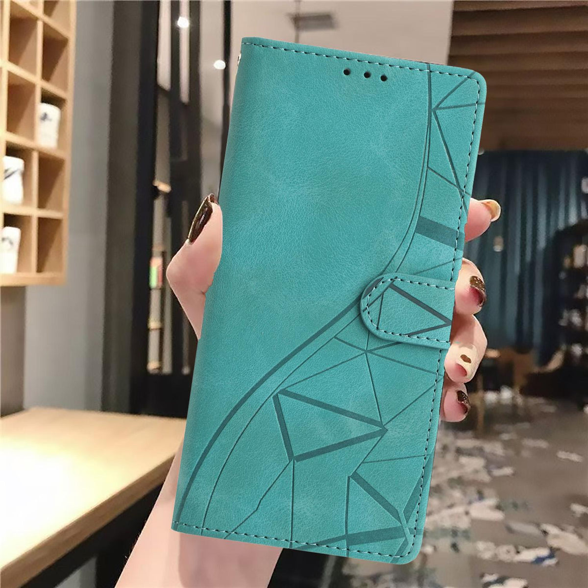 Compatible with iPhone 18 Pro Triangles Embossed Leather Phone Case - Green