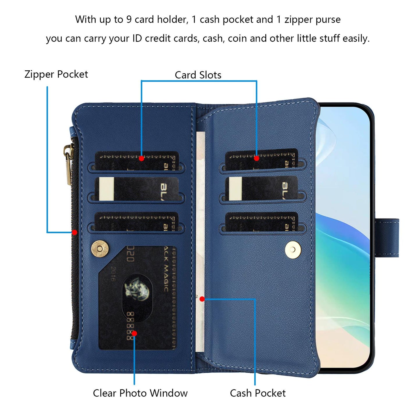 For OPPO K12S / K13 India Magnetic Closure 9 Card Slots Zipper Leather Case with Hand Strap(Dark Blue)