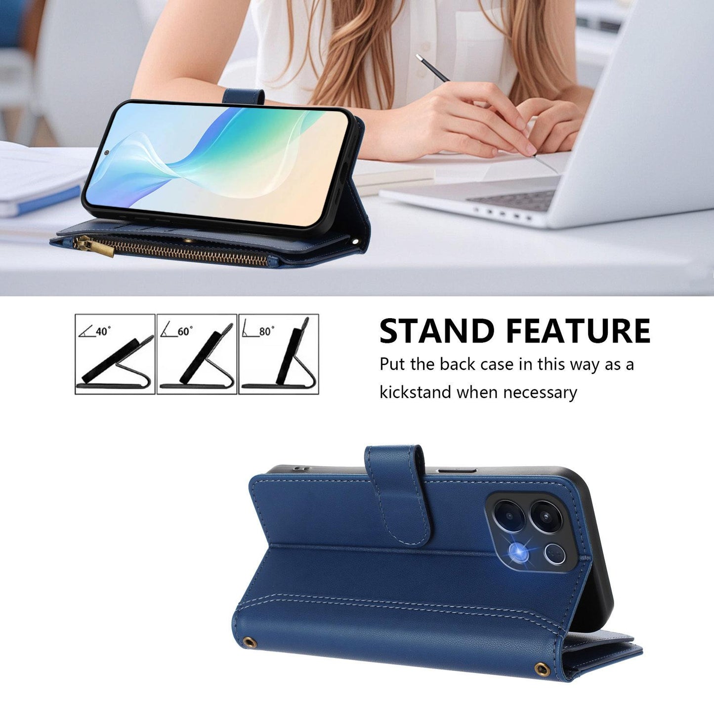 For OPPO K12S / K13 India Magnetic Closure 9 Card Slots Zipper Leather Case with Hand Strap(Dark Blue)