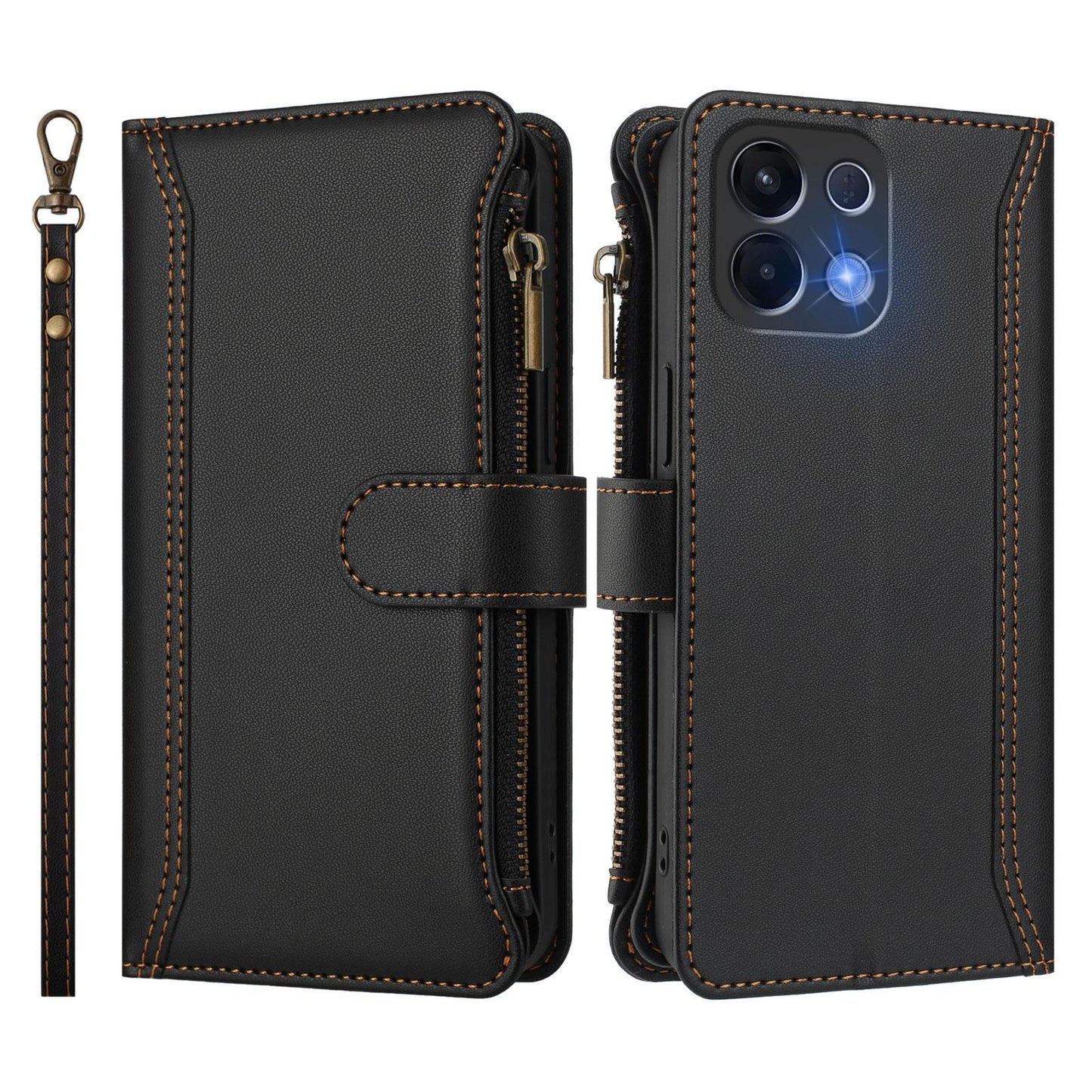 For OPPO K12S / K13 India Magnetic Closure 9 Card Slots Zipper Leather Case with Hand Strap(Black)