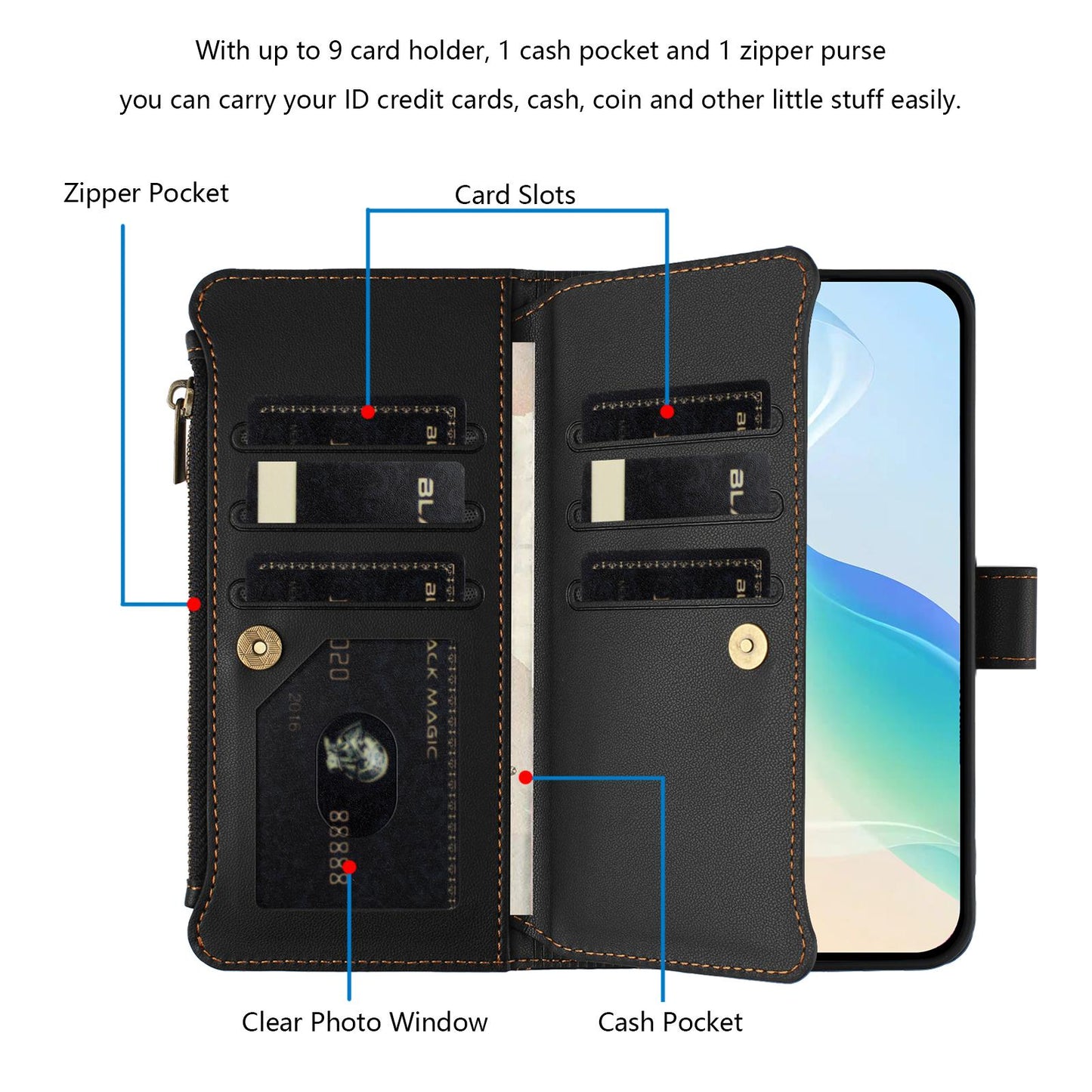 For OPPO K12S / K13 India Magnetic Closure 9 Card Slots Zipper Leather Case with Hand Strap(Black)