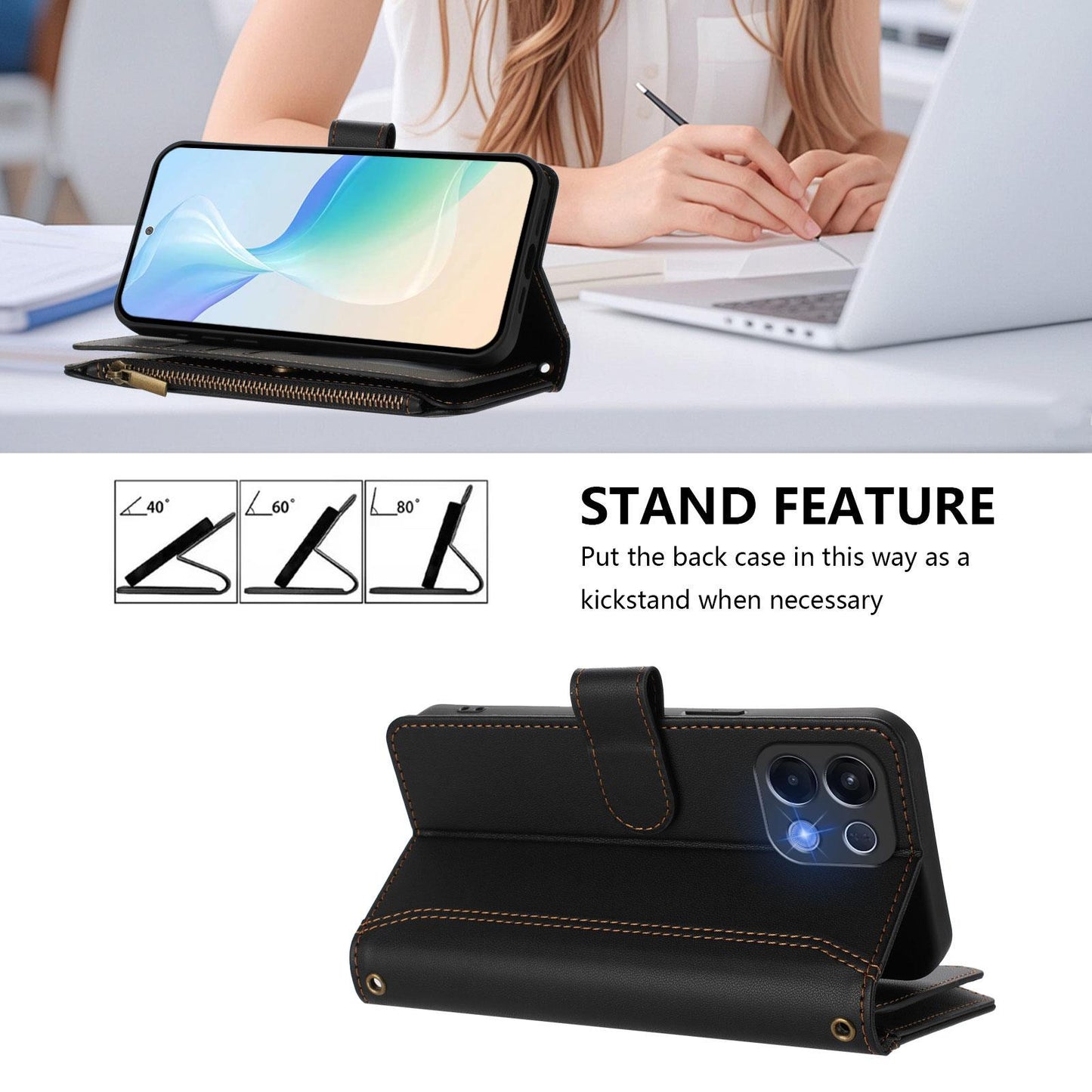 For OPPO K12S / K13 India Magnetic Closure 9 Card Slots Zipper Leather Case with Hand Strap(Black)