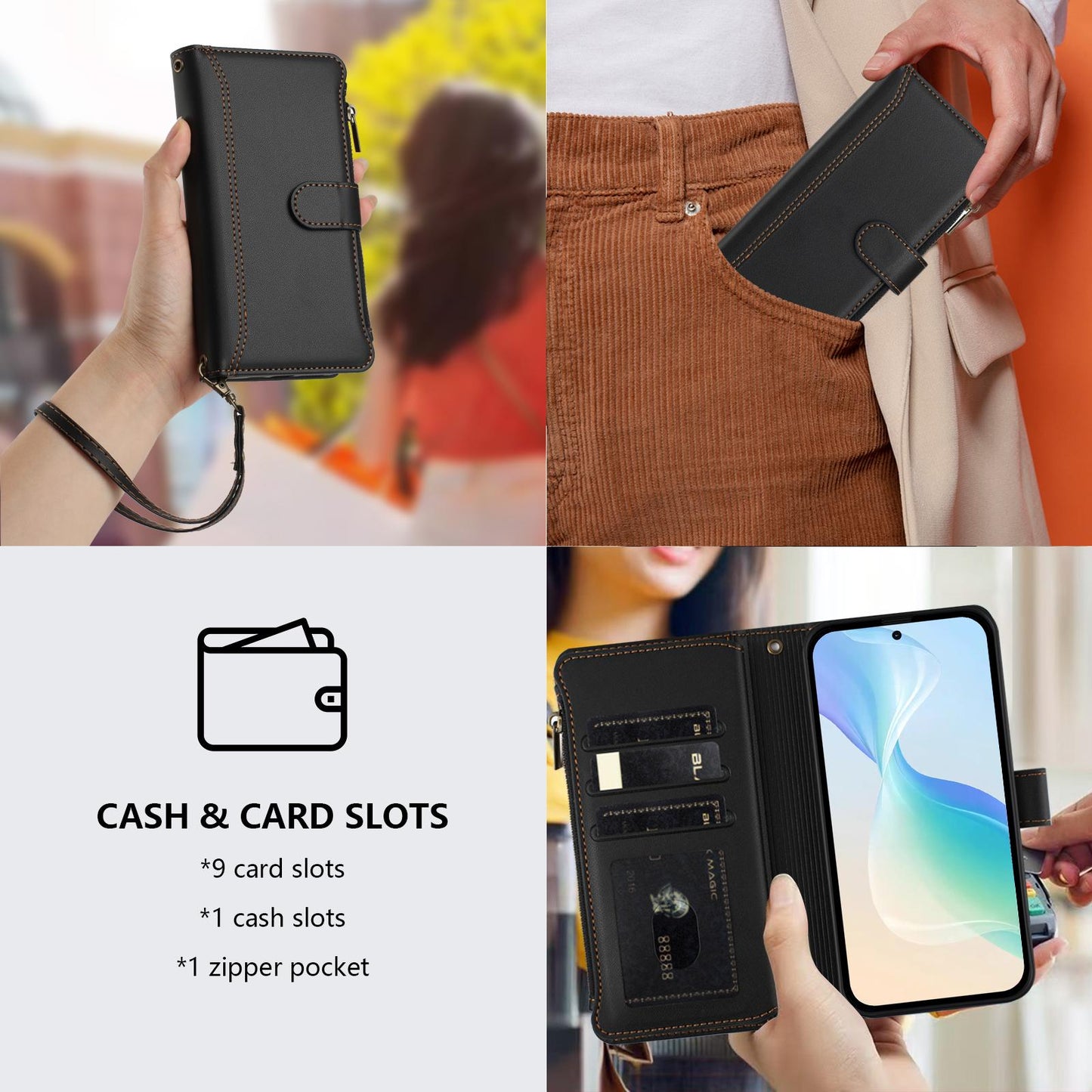 For OPPO K12S / K13 India Magnetic Closure 9 Card Slots Zipper Leather Case with Hand Strap(Black)