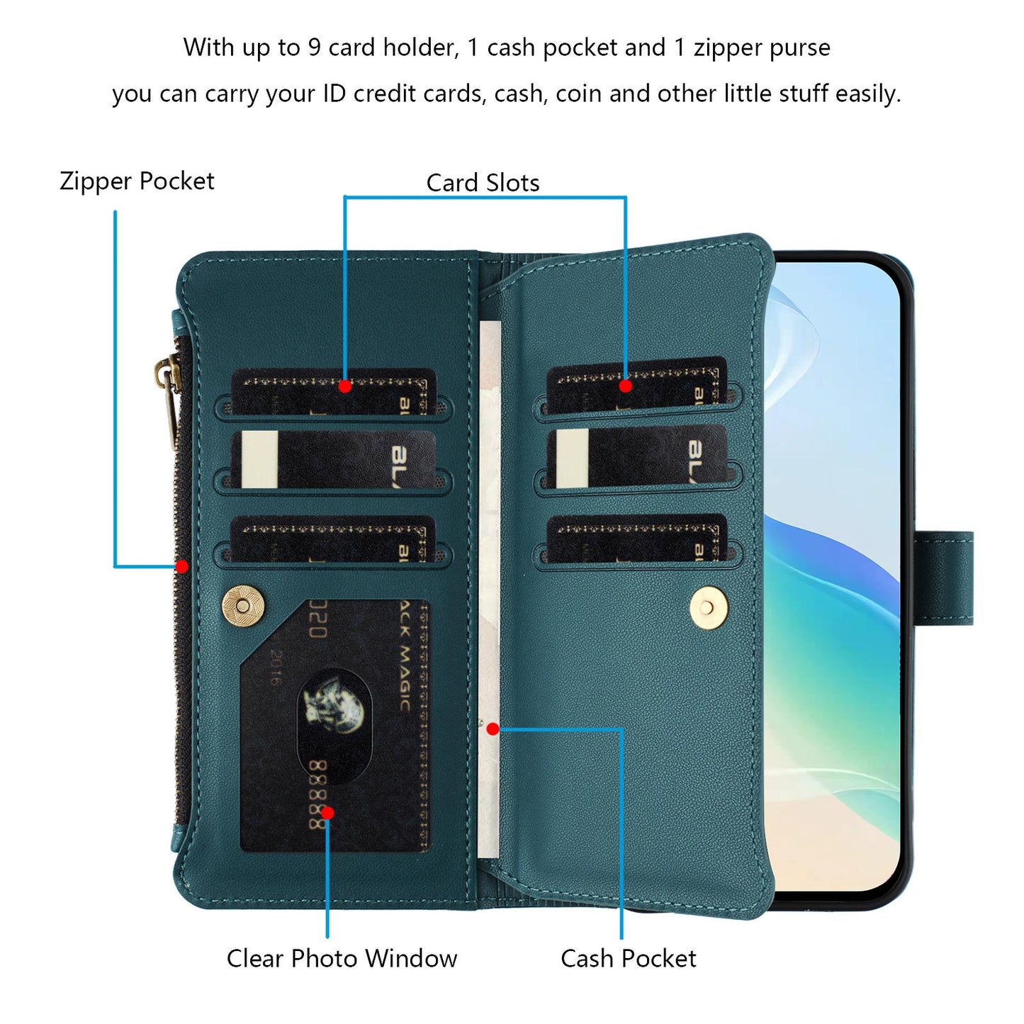 For OPPO K12S / K13 India Magnetic Closure 9 Card Slots Zipper Leather Case with Hand Strap(Dark Green)