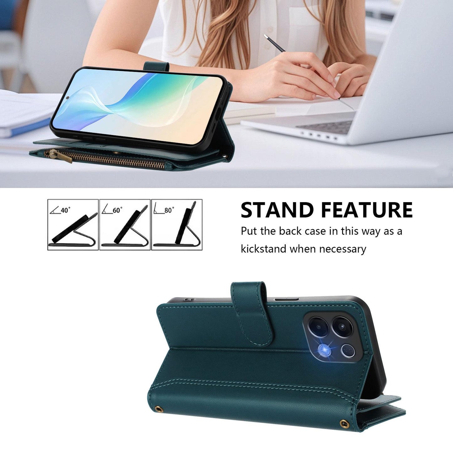 For OPPO K12S / K13 India Magnetic Closure 9 Card Slots Zipper Leather Case with Hand Strap(Dark Green)
