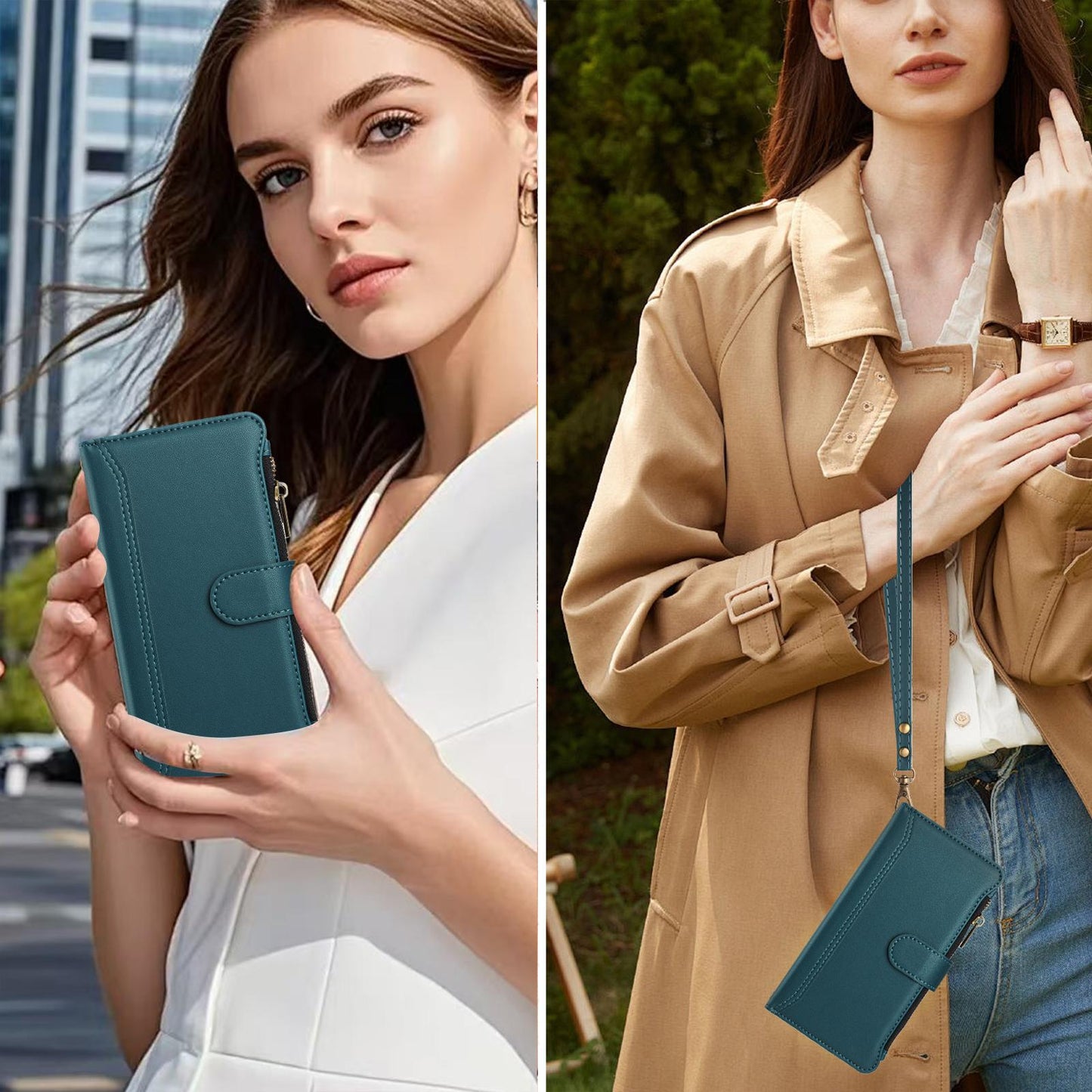 For OPPO K12S / K13 India Magnetic Closure 9 Card Slots Zipper Leather Case with Hand Strap(Dark Green)