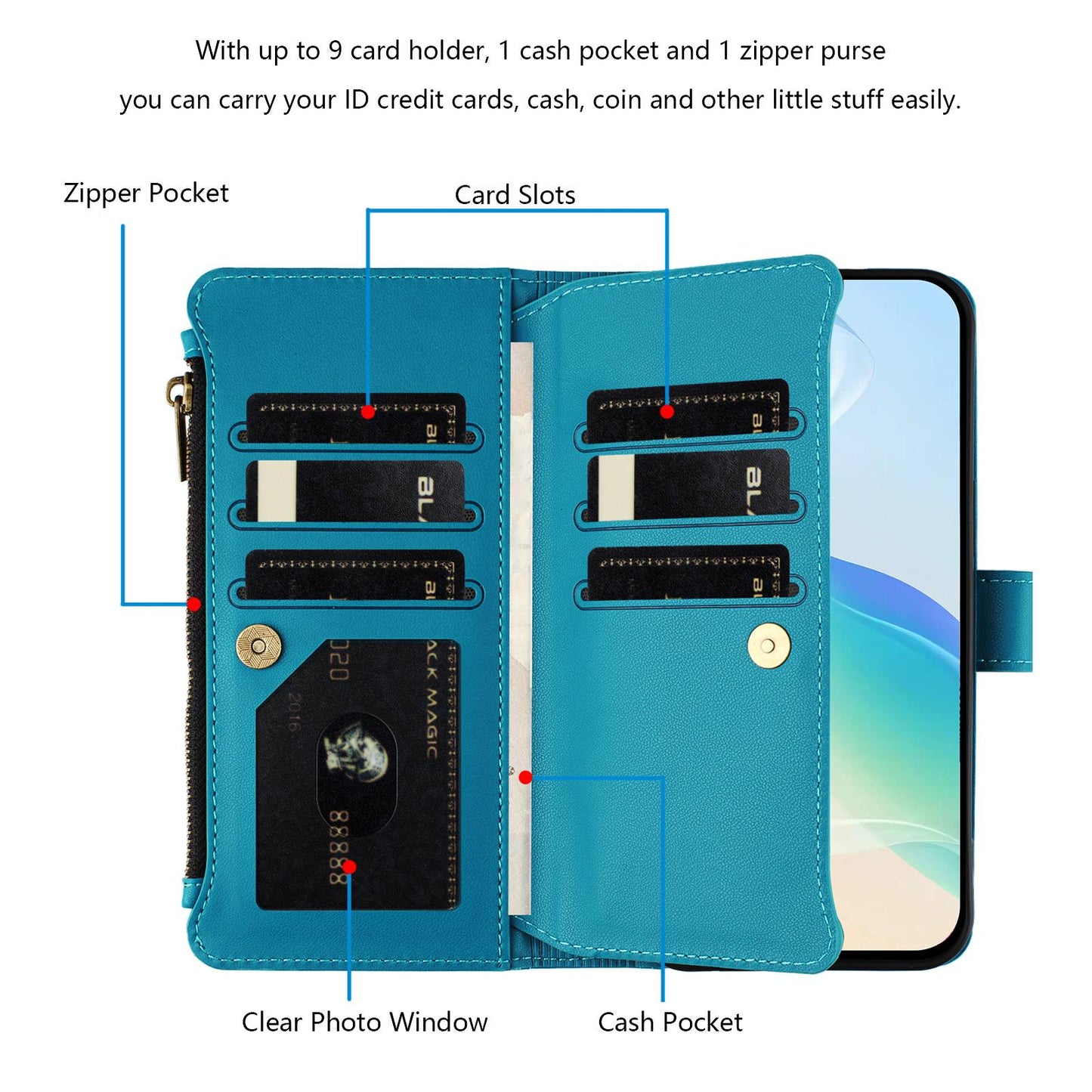 For OPPO K12S / K13 India Magnetic Closure 9 Card Slots Zipper Leather Case with Hand Strap(Turquoise)