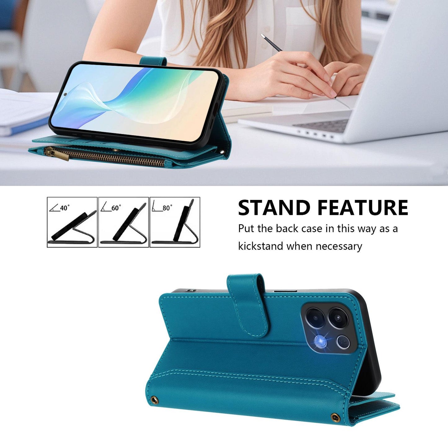 For OPPO K12S / K13 India Magnetic Closure 9 Card Slots Zipper Leather Case with Hand Strap(Turquoise)