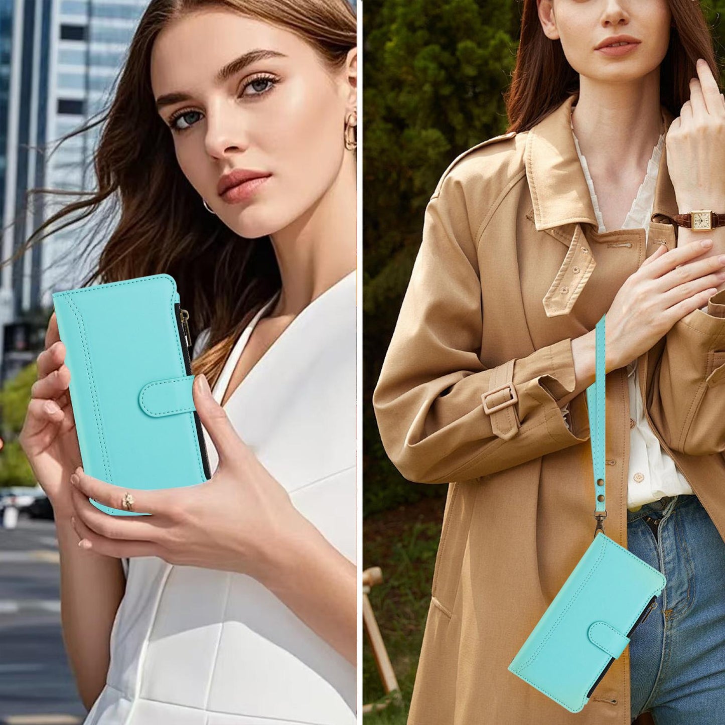 For OPPO K12S / K13 India Magnetic Closure 9 Card Slots Zipper Leather Case with Hand Strap(Mint Green)
