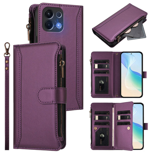 For OPPO K12S / K13 India Magnetic Closure 9 Card Slots Zipper Leather Case with Hand Strap(Purple)