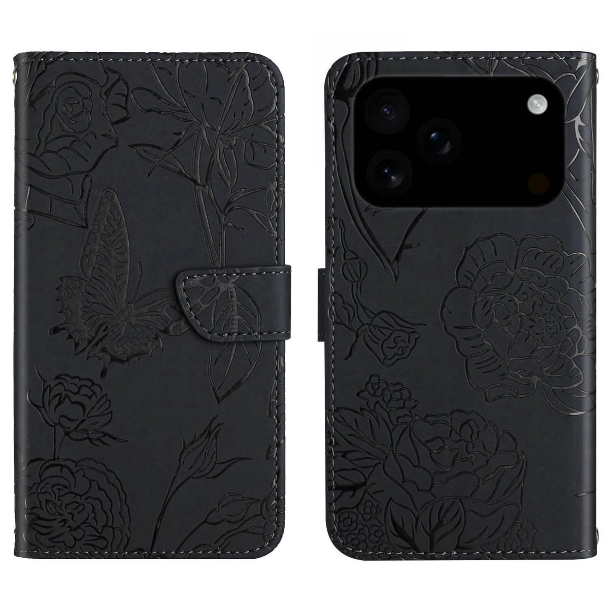 Compatible with iPhone 18 Pro Max & 17 Pro Max Skin Feel Butterfly Embossed Flip Leather Phone Case - Black