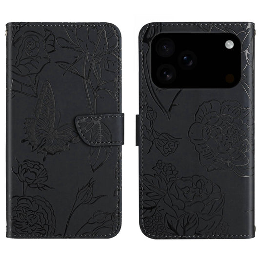 Compatible with iPhone 18 Pro Max & 17 Pro Max Skin Feel Butterfly Embossed Flip Leather Phone Case - Black