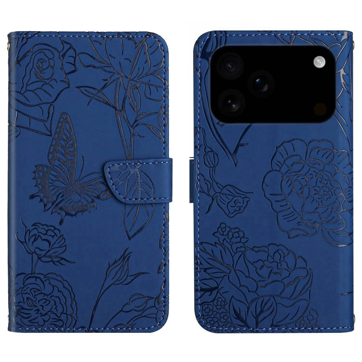 Compatible with iPhone 18 Pro Max & 17 Pro Max Skin Feel Butterfly Embossed Flip Leather Phone Case - Blue