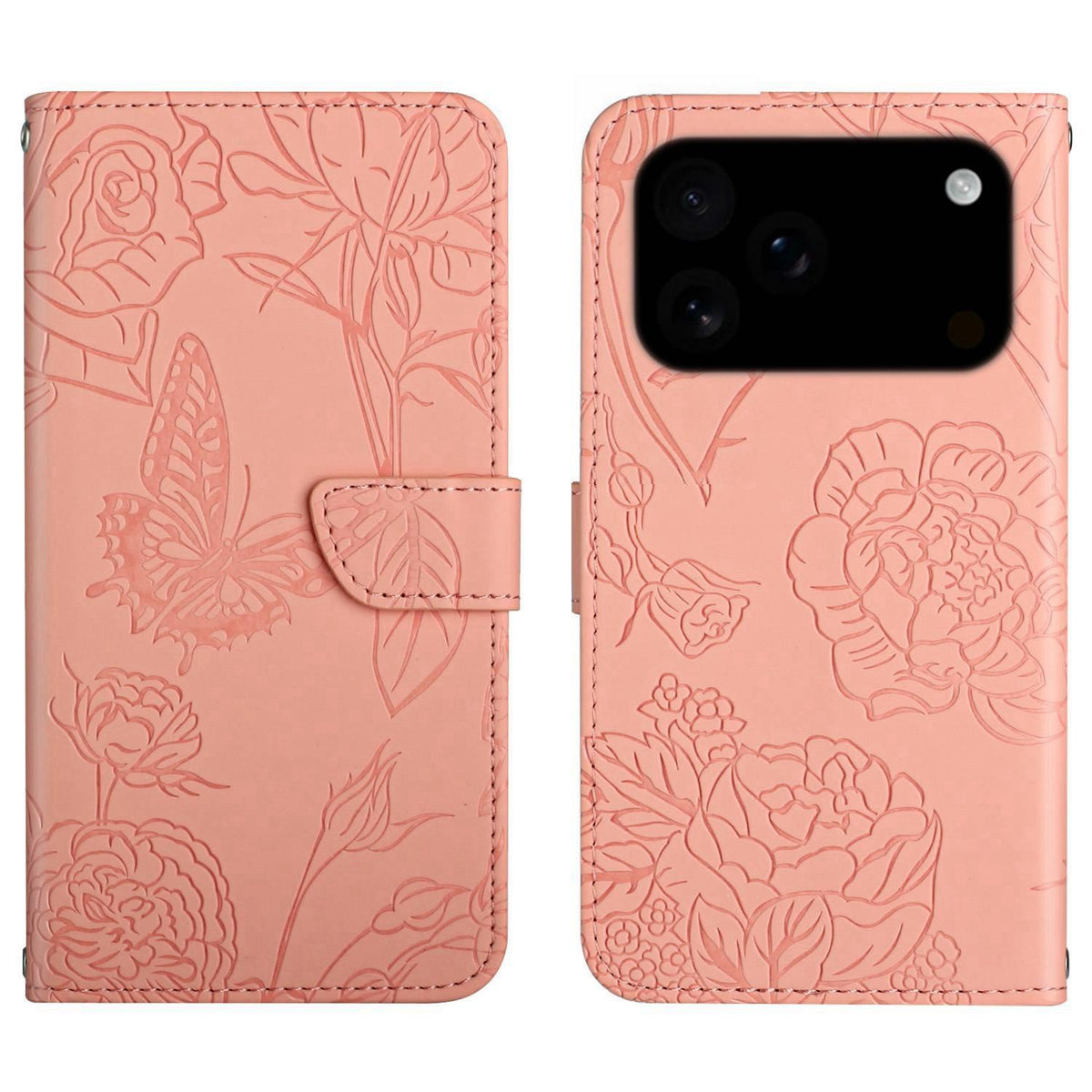 Compatible with iPhone 18 Pro Max & 17 Pro Max Skin Feel Butterfly Embossed Flip Leather Phone Case - Pink