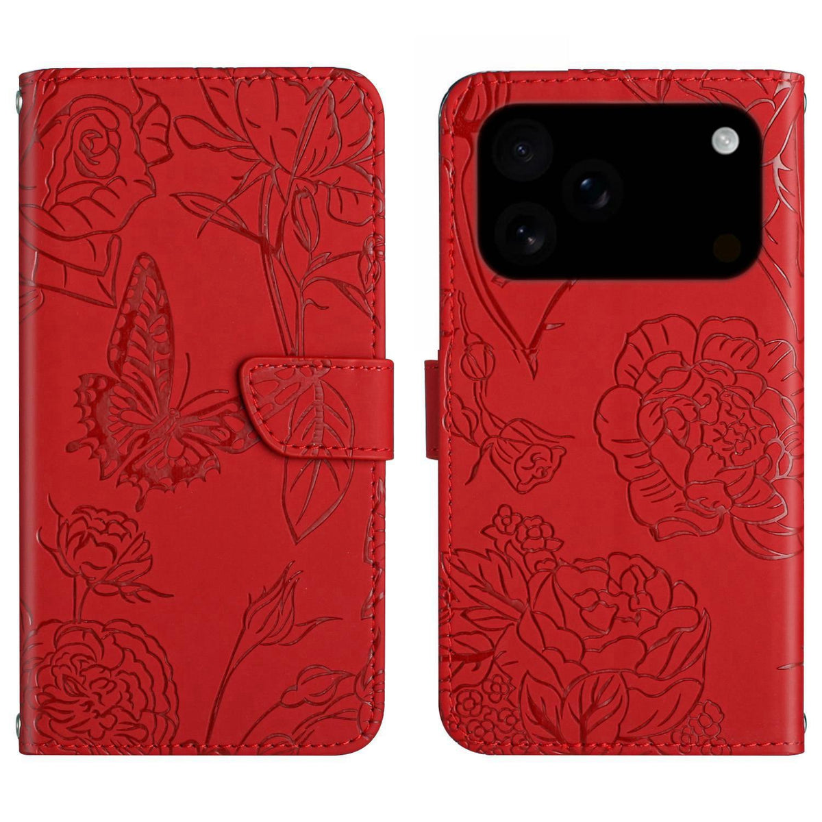 Compatible with iPhone 18 Pro Max & 17 Pro Max Skin Feel Butterfly Embossed Flip Leather Phone Case - Red