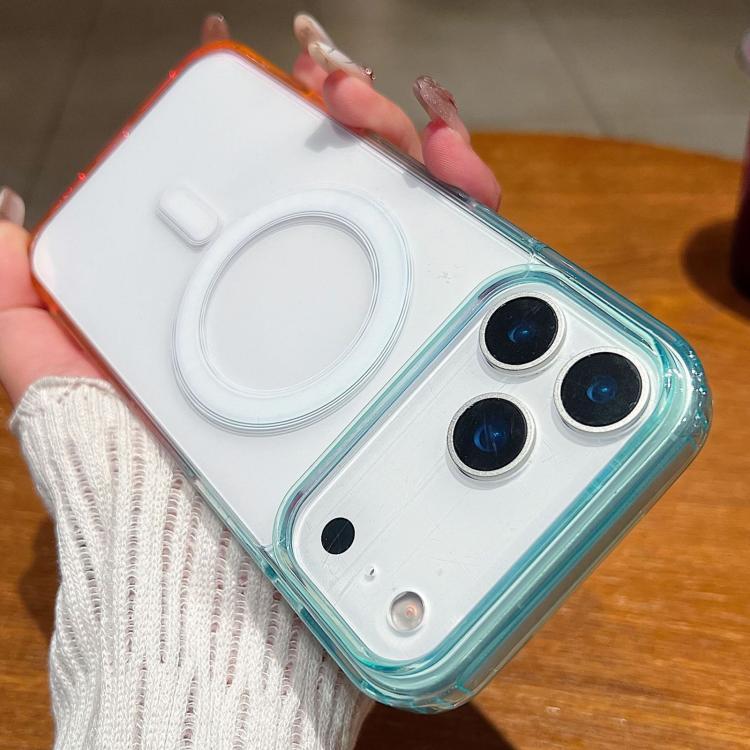 Compatible with iPhone 18 Pro Max Contrast Color Gradient Transparent MagSafe Phone Case - Blue Green + Pink