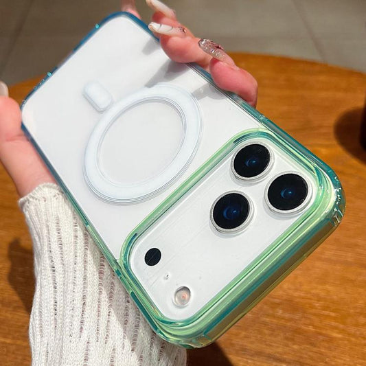 Compatible with iPhone 18 Pro Max Contrast Color Gradient Transparent MagSafe Phone Case - Green + Blue