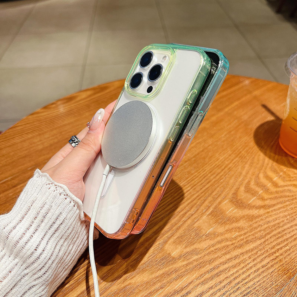 Compatible with iPhone 18 Pro Max Contrast Color Gradient Transparent MagSafe Phone Case - Blue Green + Pink