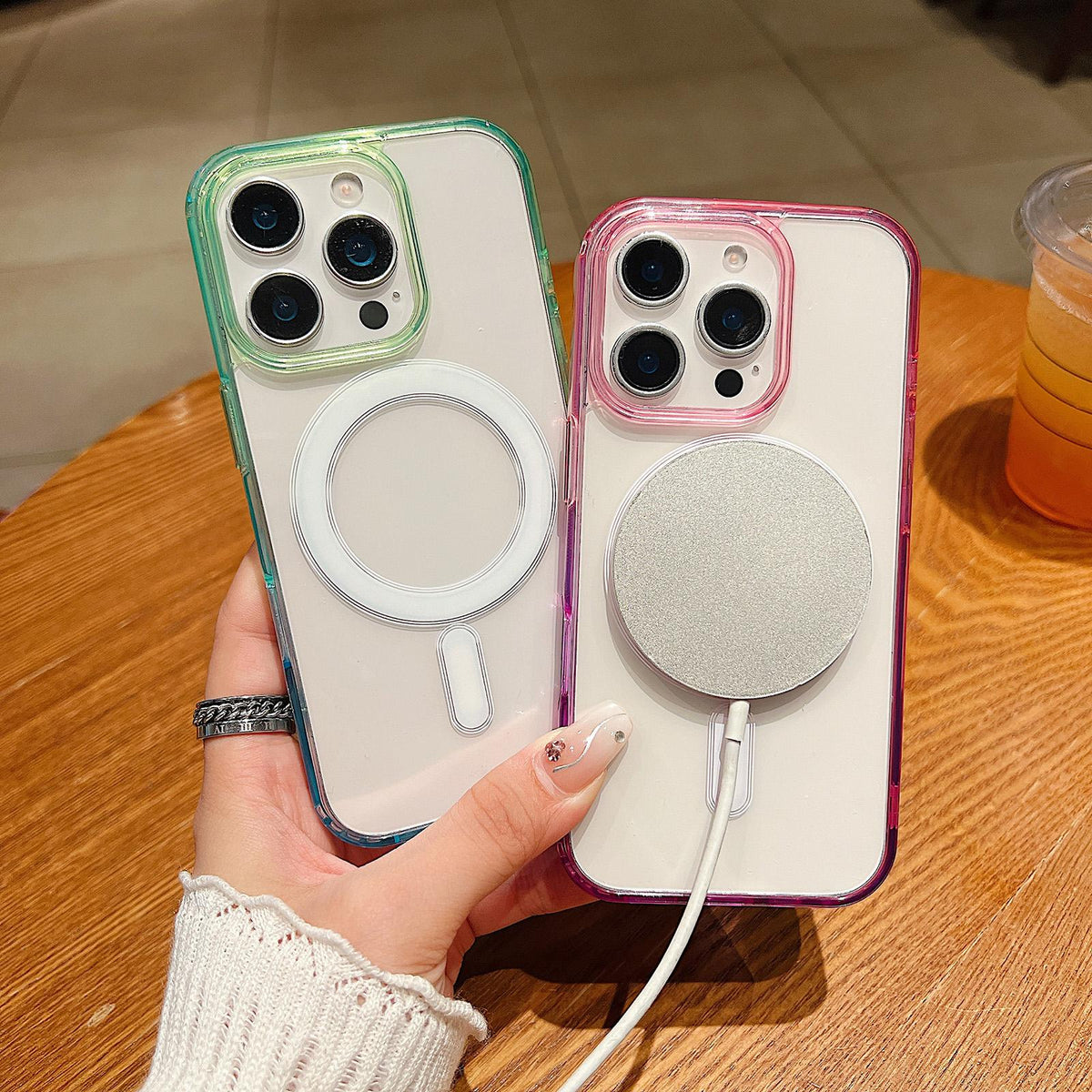 Compatible with iPhone 18 Pro Max Contrast Color Gradient Transparent MagSafe Phone Case - Fluorescent Green + Light Pink