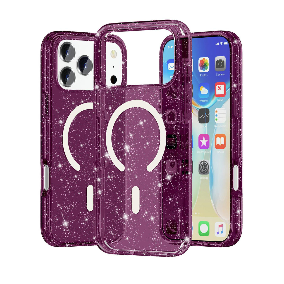 Compatible with iPhone 18 Pro Max & 17 Pro Max Terminator Style Glitter Powder MagSafe Magnetic Phone Case - Cherry Red