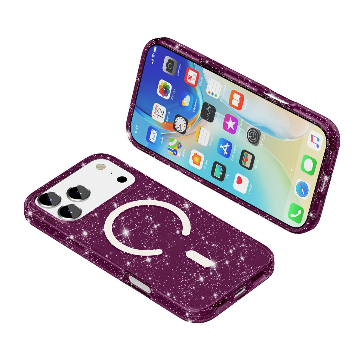Compatible with iPhone 18 Pro Max & 17 Pro Max Terminator Style Glitter Powder MagSafe Magnetic Phone Case - Cherry Red