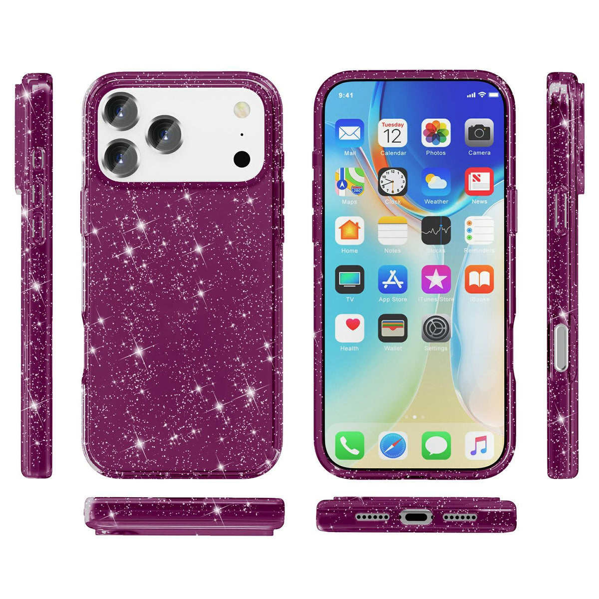 Compatible with iPhone 18 Pro Max & 17 Pro Max Shockproof Terminator Glitter Powder Phone Case - Cherry Red