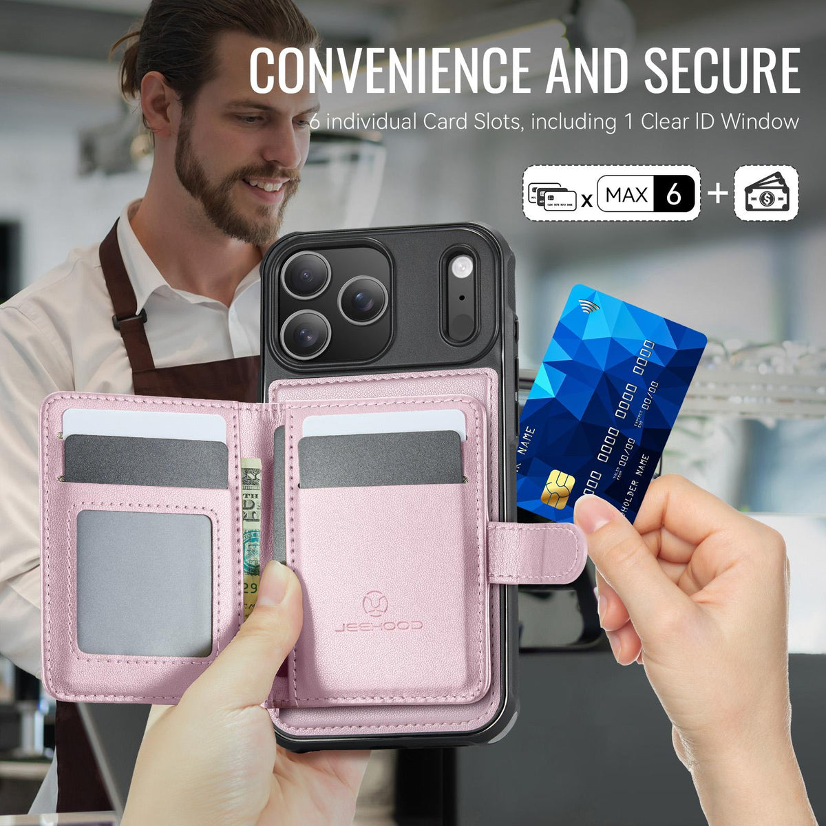 Compatible with iPhone 18 Pro JEEHOOD J09 Buckle Card Bag MagSafe Magnetic Style RFID Leather Phone Case - Pink